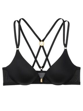 Victoria's Secret Very Sexy Uplift Plunge Black Strappy Push-Up Bra Gold Accents